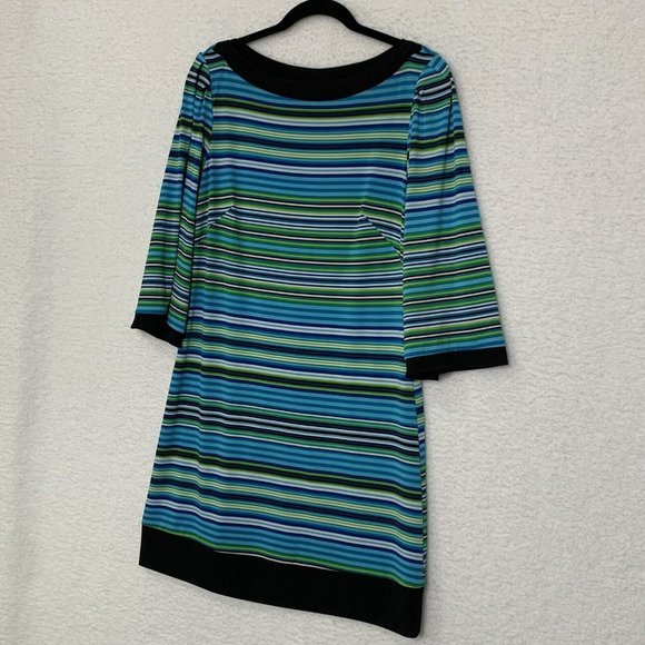 Laundry by Design Womens Medium Stripe Shift Dress Black Blue Green Mini Stretch - Picture 1 of 11
